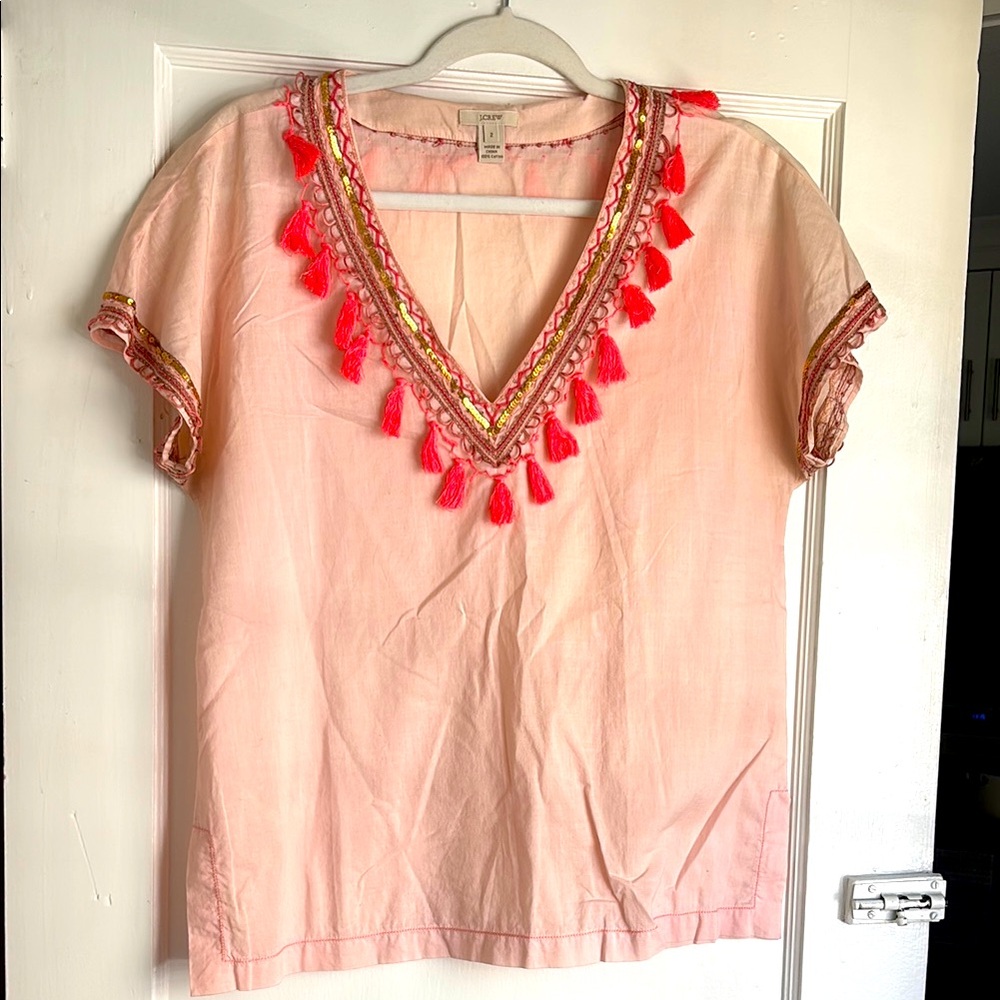 J.Crew Pink Tassel V-Neck Short Sleeve Top